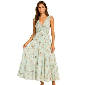 MISS JUNE Boho Floral‎ Maxi Dress Blue Smocked Waist Tiered Skirt Sequin Detail